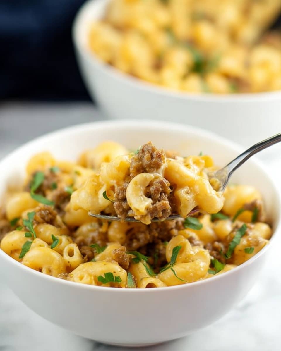 A close-up view of a white bowl filled with creamy macaroni pasta mixed with ground beef, covered in a rich orange-yellow cheese sauce. The macaroni is small and curved, coated evenly by the sauce, with visible chunks of cooked ground meat blending throughout. Small green parsley leaves are sprinkled on top as garnish, adding a fresh touch of color. A silver spoon is placed in the bowl, partially submerged in the macaroni. The bowl sits on a white marbled surface, and some green parsley leaves are seen near the bowl on the right side. Photo taken with an iphone --ar 4:5 --v 7