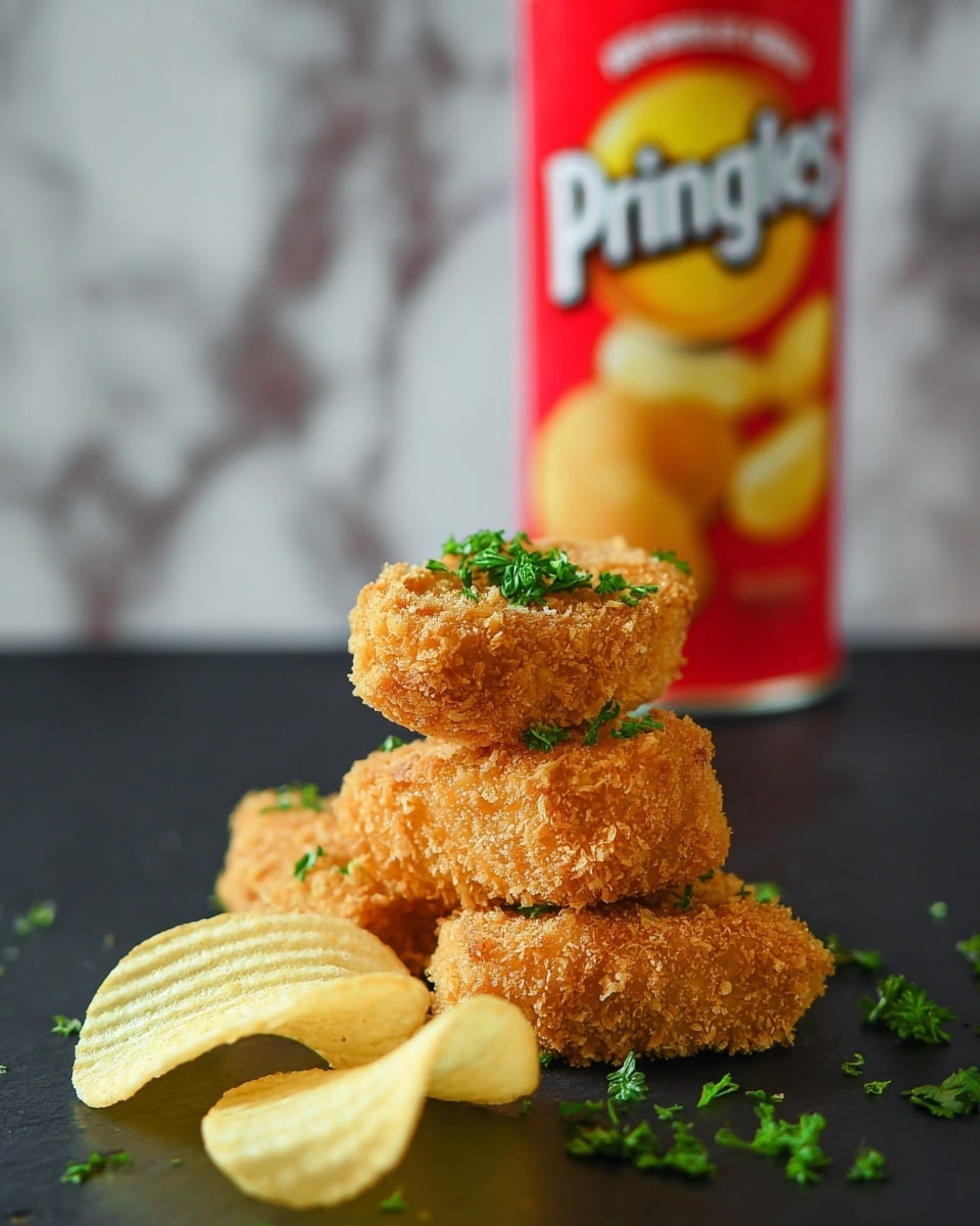 A stack of four golden brown, crispy breaded chicken nuggets is placed on a dark surface with a few bright green parsley leaves scattered on and around them. In front of the nuggets, there is a small group of pale yellow Pringles chips leaning against each other. In the background, a tall red can of Pringles Original with the brand's white and yellow logo is visible but blurred. The whole setting is against a white marbled texture surface and the focus is on the nuggets and chips, showing their crunchy texture clearly. photo taken with an iphone --ar 4:5 --v 7