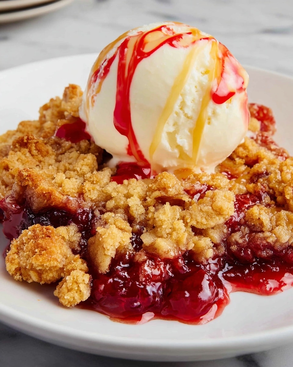 A white plate holds a warm dessert with three main layers: the bottom layer is a glossy, deep red fruit filling that looks soft and syrupy; on top of this is a golden brown crumbly crust with an uneven texture, slightly crispy and broken into large pieces; the top layer is a smooth, round scoop of creamy vanilla ice cream, which is drizzled generously with two sauces—one bright red and syrupy, the other a rich caramel color that adds shine and contrast. The whole dish sits on a white marbled surface. photo taken with an iphone --ar 4:5 --v 7
