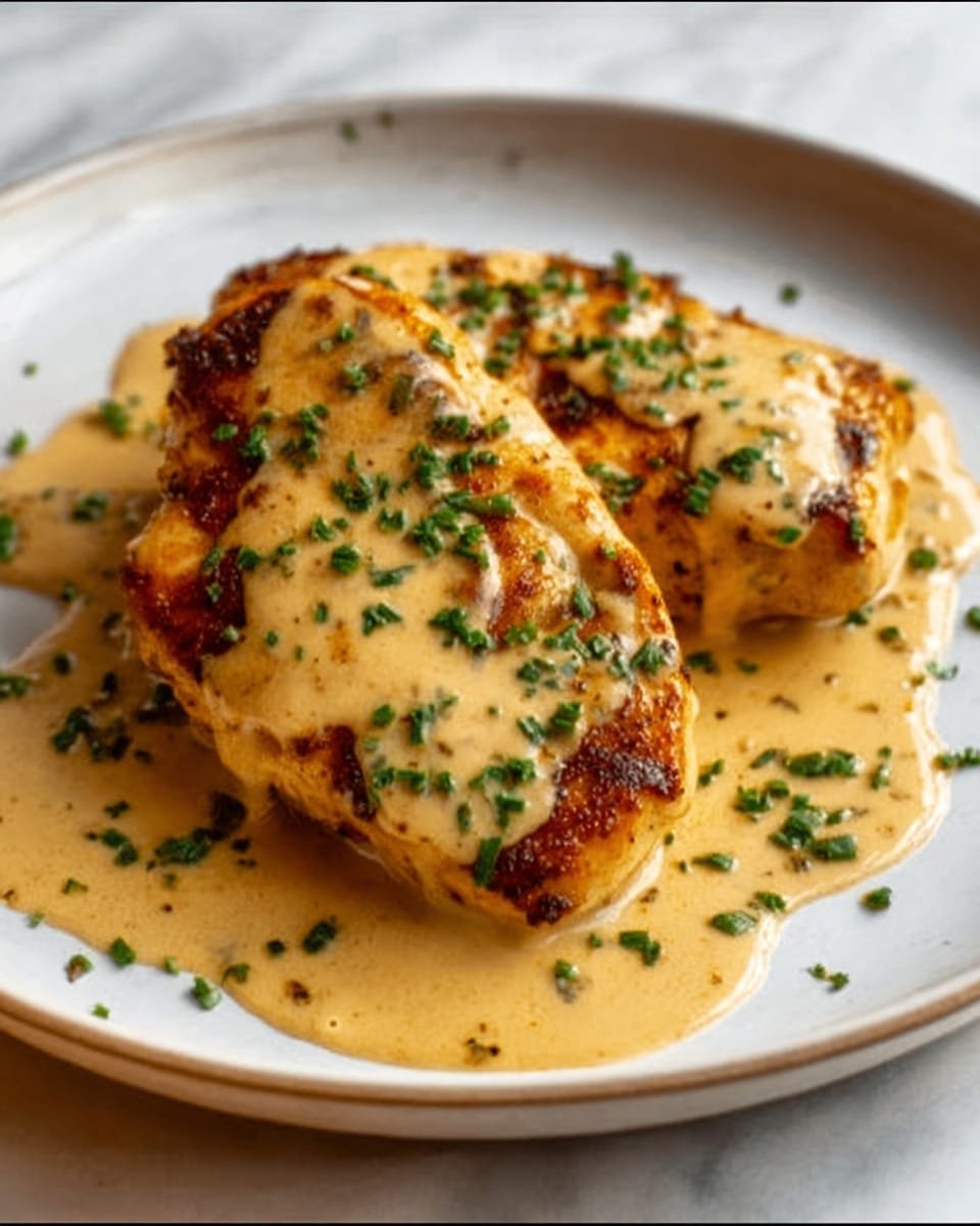 The image shows a white plate with two thick pieces of golden-brown grilled chicken placed side by side. The chicken is covered with a smooth, creamy beige sauce that drips slightly over the edges, giving a rich and glossy look. Small chopped green herbs are sprinkled over the top and around the plate, adding a pop of fresh color. The plate sits on a white marbled textured surface, and the lighting highlights the juicy texture of the chicken and the creaminess of the sauce perfectly. Photo taken with an iphone --ar 4:5 --v 7