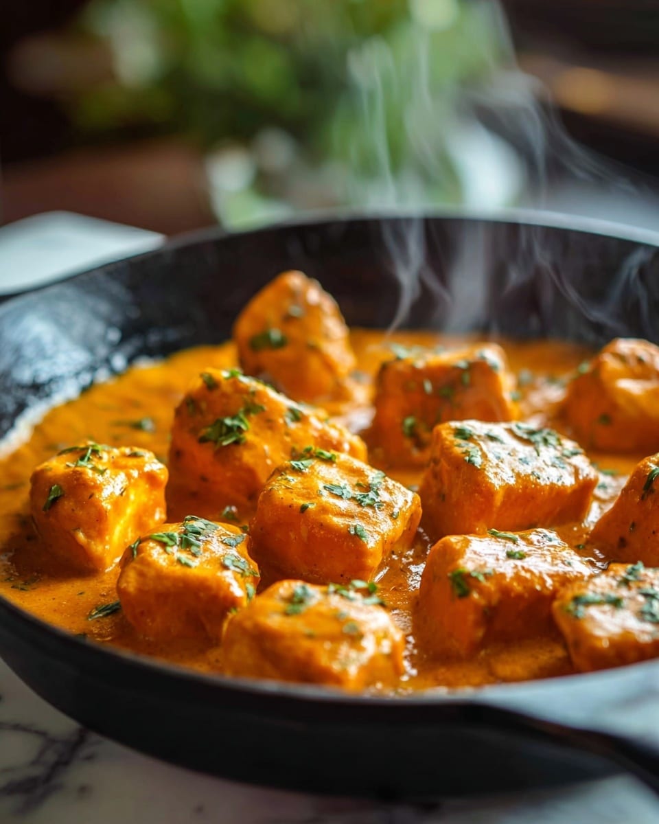 A close-up view of a pan filled with about twelve chunky, golden-orange pieces of food covered in a smooth, thick orange sauce. Each piece is cubed with slightly rough surfaces, and the sauce looks creamy and glossy, pooling softly around them. Small green herb bits are scattered on top, adding a fresh contrast to the warm colors. Thin wisps of steam rise from the pan, showing the food is hot and freshly cooked. The pan is black and sits on a white marbled surface, with some greenery blurred softly in the background. photo taken with an iphone --ar 4:5 --v 7