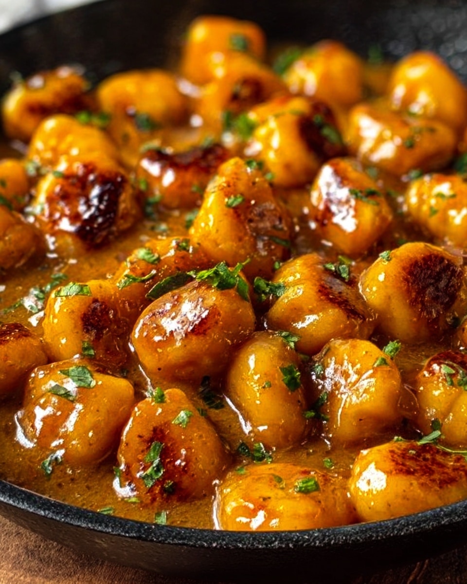 A close-up image shows small round pieces of golden-yellow gnocchi covered in a thick, shiny brown sauce with some green herbs sprinkled on top for garnish. The gnocchi pieces have a slightly crispy texture on the outside and look soft inside. They are arranged in a black pan with a white marbled surface underneath. The sauce clings to each gnocchi, giving a rich and creamy appearance with a few darker brown spots showing caramelization. photo taken with an iphone --ar 4:5 --v 7