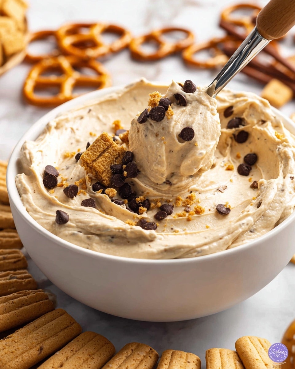 A close-up of a white bowl filled with creamy, light beige dip that has a smooth and fluffy texture, dotted with small dark brown chocolate chips and crumbles of golden dog biscuit pieces on top and mixed inside. A shiny silver spoon with a wooden handle lifts a scoop of the dip from the bowl. Around the bowl, there are light brown rectangular cookies with ridged edges arranged on a white marbled surface, along with some soft pretzels in the background. photo taken with an iphone --ar 4:5 --v 7