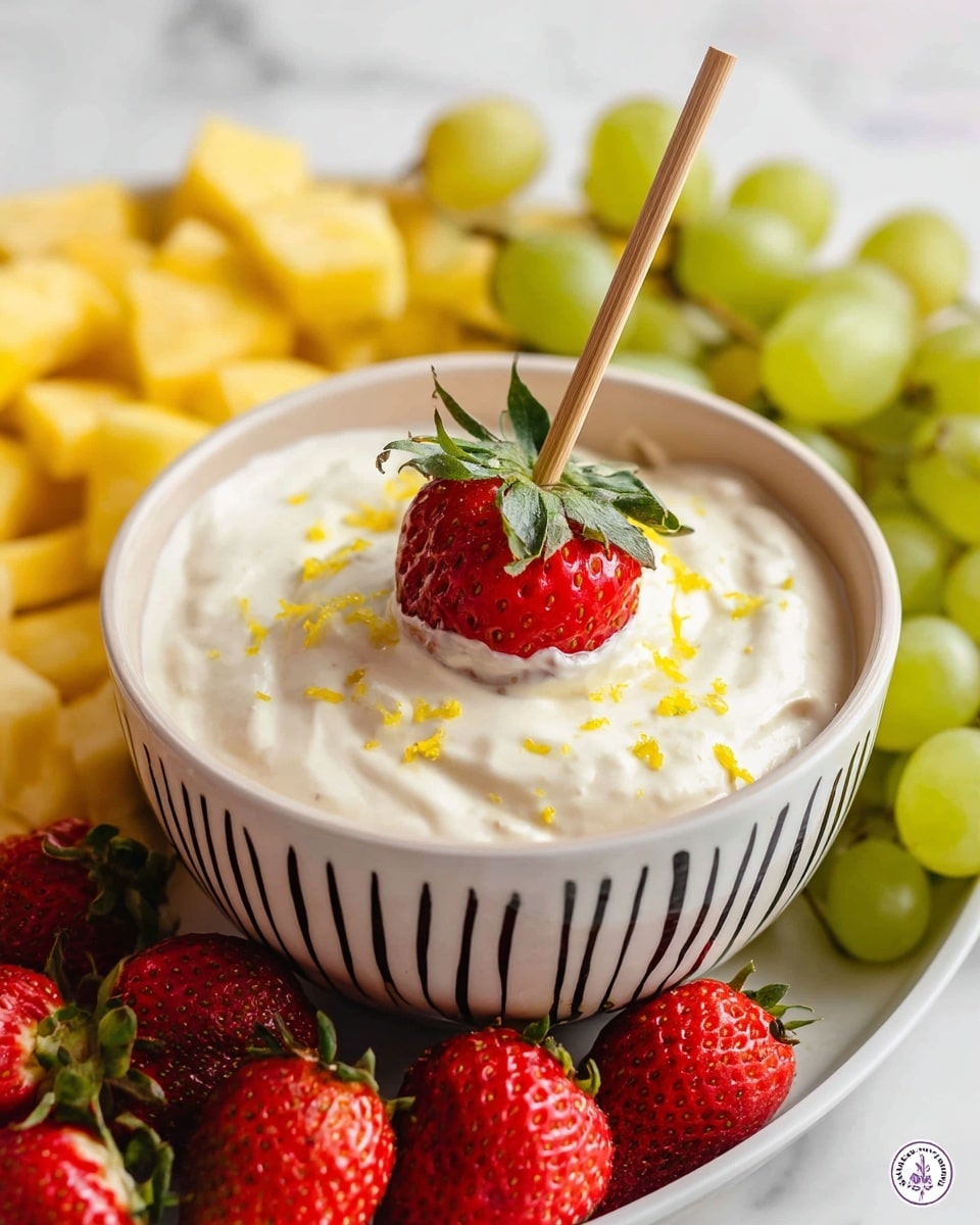 A white bowl with black vertical dash marks holds a thick, creamy white dip topped with small yellow lemon zest pieces. At the center of the dip, a bright red strawberry with green leaves is being dipped by a thin wooden stick. Surrounding the bowl are fresh fruits arranged in three layers: a layer of yellow pineapple chunks on the left, a layer of green grapes at the bottom, and a layer of whole red strawberries with green leaves at the top and right. The dish is placed on a white marbled surface. photo taken with an iphone --ar 4:5 --v 7