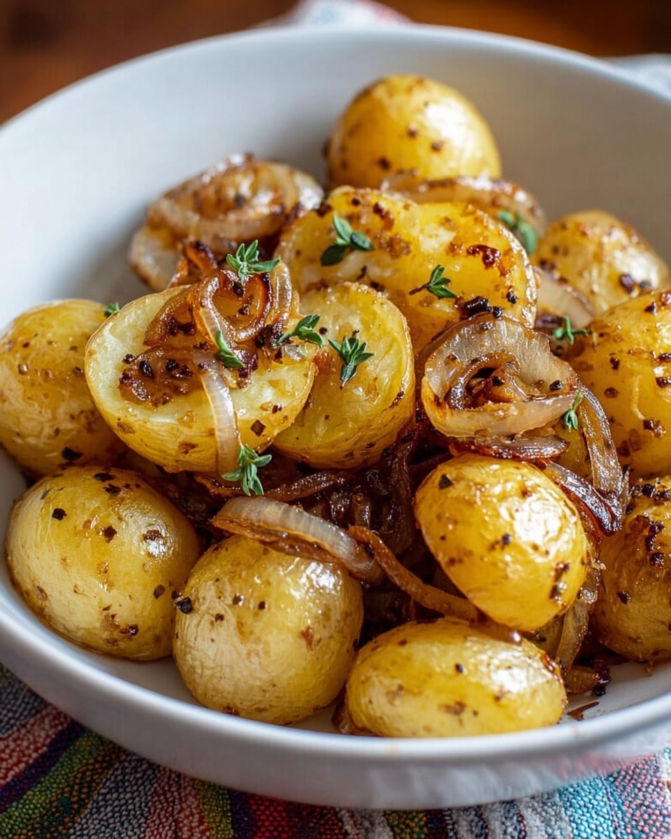 A white bowl holds a dish of golden-brown roasted baby potatoes, some cut in half showing their soft, yellow inside and others whole with a crispy skin. Mixed among the potatoes are caramelized, translucent onion slices with darker edges, adding texture and color. Small green herb leaves are scattered on top, giving a fresh look, while the potatoes are speckled with black pepper and browned bits of seasoning. The bowl is placed on a colorful fabric with a white marbled textured surface below. photo taken with an iphone --ar 4:5 --v 7