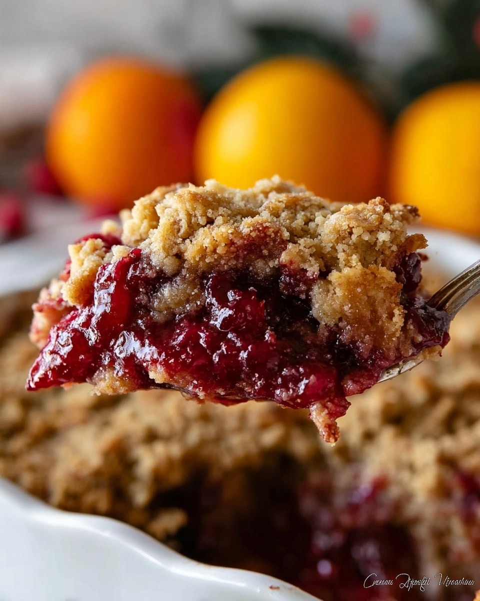 The image shows a close-up of a thick slice of fruit crumble being lifted from a white dish with a spoon. The bottom layer is a dark red, glossy fruit filling with a chunky texture, looking juicy and rich. Above it is a golden brown crumble layer, dry and crumbly with visible small bits of oat or flour mixture. The crumble covers the fruit filling evenly, creating a clear two-layer contrast between the fruit and the topping. The background features a blurred white marbled surface and some orange round shapes out of focus, suggesting citrus fruit. photo taken with an iphone --ar 4:5 --v 7