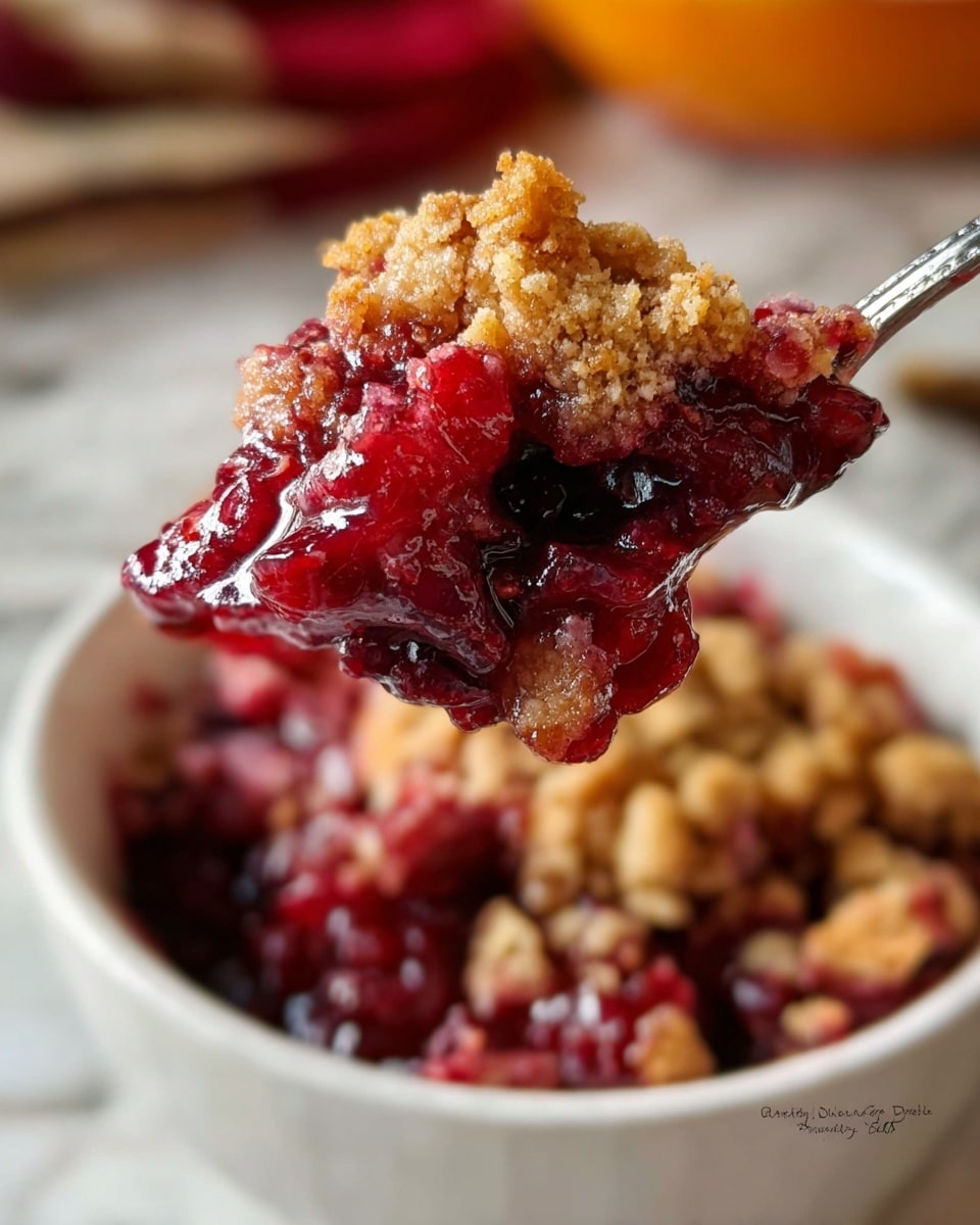 A close-up shot of a spoonful of cranberry crumble held above a white bowl filled with more of the same dessert. The dish has two main layers: the bottom layer is a shiny, deep red cranberry filling that looks juicy and slightly sticky, while the top layer is a golden-brown crumbly topping with a rough texture, containing small chunks and crumbs. The background is softly blurred with warm tones and a white marbled surface beneath the bowl. Photo taken with an iphone --ar 4:5 --v 7