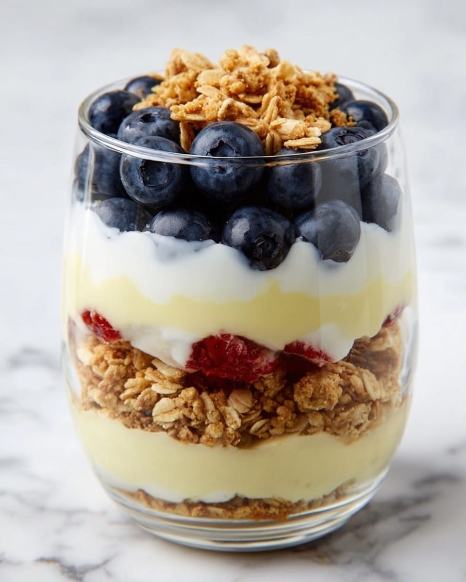 A clear glass filled with a layered parfait sitting on a white marbled surface near a window. The bottom layer is crunchy, golden brown granola, followed by a thick, smooth white yogurt layer. Above that is another layer of the same granola, topped again with the yogurt. The top layer is finished with more granola mixed with whole pecans that are shiny and rich brown. Drizzles of caramel sauce flow down the sides of the glass, adding a glossy texture and warm amber color. Photo taken with an iphone --ar 4:5 --v 7