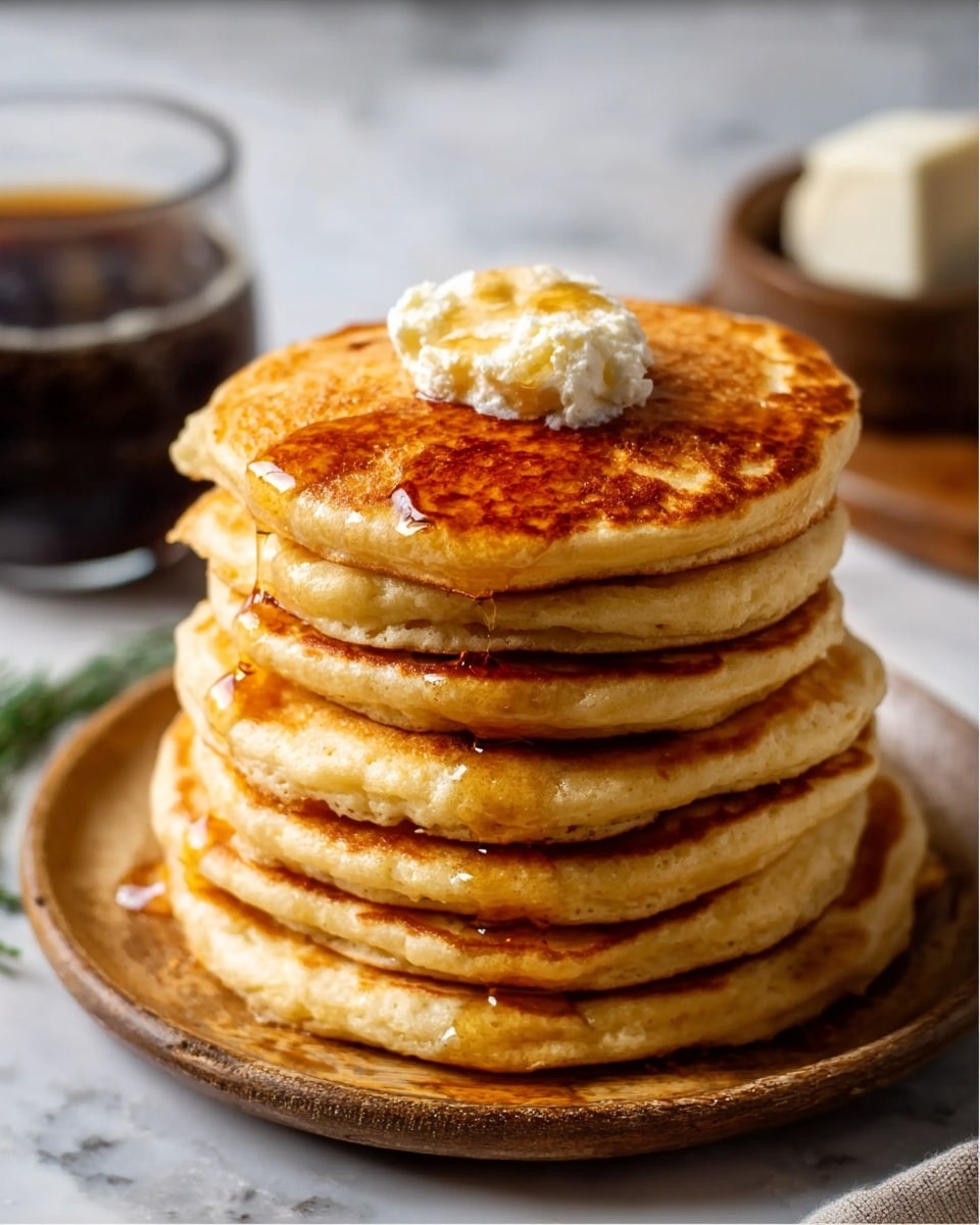 A stack of five thick pancakes tinted warm brown sits on a white plate with a golden rim, with the top one cut to show the moist texture inside. Between each pancake is a layer of creamy white sauce, soft and smooth in texture. More of this white sauce drapes down from the top, running over the sides in thick streams. On top, there is a light sprinkling of crumbs, adding a bit of rough texture and a golden color. Around the stack, a light amber syrup pools on the plate, giving a glossy finish. The plate rests on a white marbled surface, creating a clean and bright background. Photo taken with an iphone --ar 4:5 --v 7