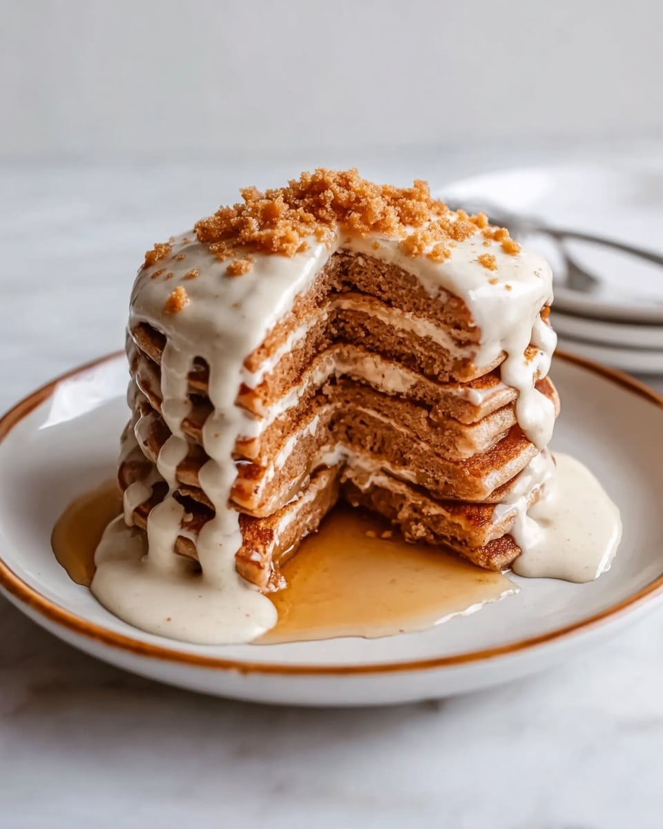 A stack of about seven fluffy golden-brown pancakes sits on a round white plate, each pancake layer showing light bubbles and slight browning on the edges. On top of the pancakes, there is a melting dollop of butter with a drizzle of syrup slowly running down the sides, adding a shiny, sticky texture. The background features a softly blurred white marbled surface, and a glass of dark liquid sits slightly behind the plate. A woman's hand lightly holds the plate from the front right side. Photo taken with an iphone --ar 4:5 --v 7