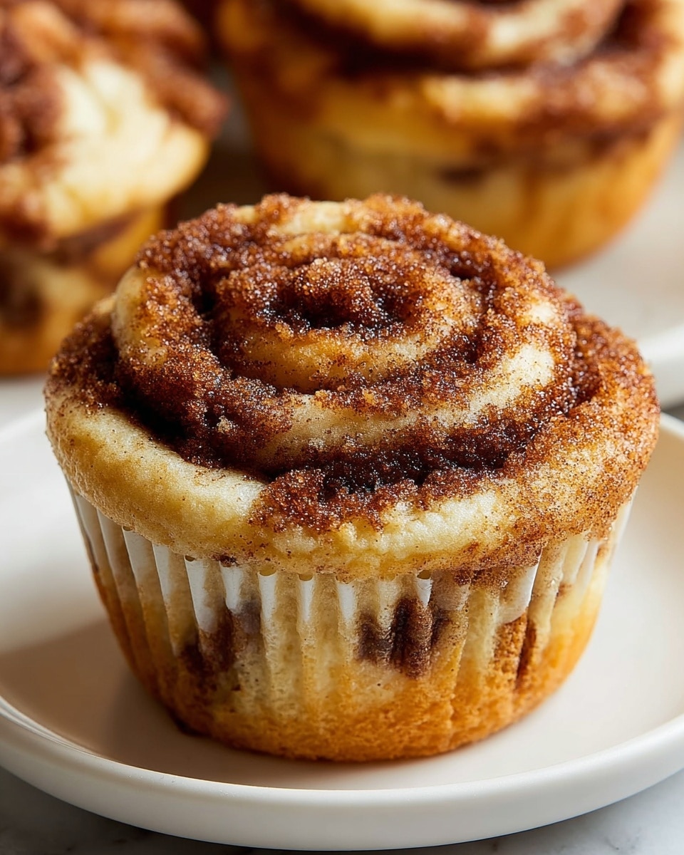 A close-up of a single cinnamon roll muffin sitting on a white plate, showing three layers: the bottom layer is a baked golden-brown muffin base with darker cinnamon spots, the middle layer is a creamy light beige dough rising and soft around the edges, and the top layer is a spiral of cinnamon sugar that is dark brown and slightly crumbly with visible sugar granules and cinnamon specks. The muffin paper is white and slightly stained from the baking. The background shows blurred similar muffins on a white marbled surface photo taken with an iphone --ar 4:5 --v 7