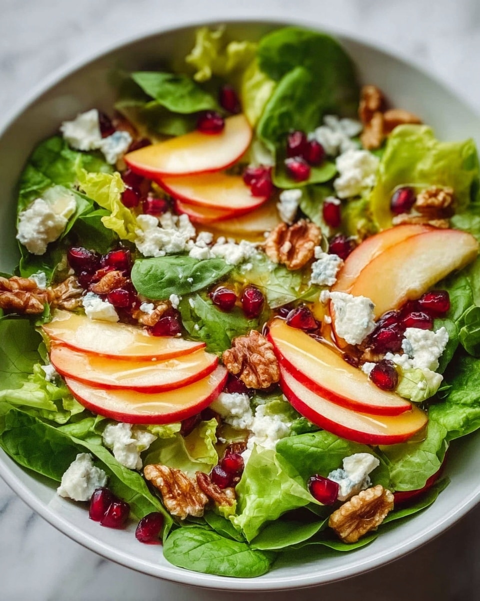 The image shows a fresh salad in a white bowl placed on a white marbled surface. The salad has three main layers: the bottom layer is bright green butter lettuce and spinach leaves, giving a soft, leafy texture; the middle layer has thin, semi-translucent slices of red apple with smooth skin scattered evenly over the greens; the top layer features small chunks of white crumbly goat cheese and shiny, dark red pomegranate seeds spread throughout; roasted walnut pieces add a rough texture and light brown color scattered randomly on the top. The overall look is colorful with green, red, white, and light brown tones. photo taken with an iphone --ar 4:5 --v 7