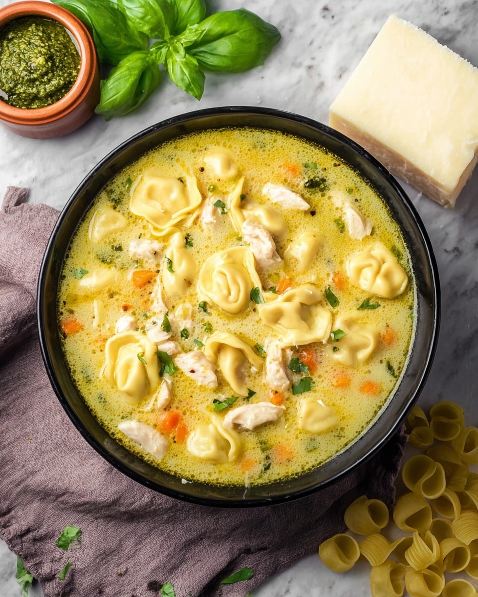 A black bowl filled with creamy yellow soup that has small round tortellini pasta floating on top. Within the soup, there are visible small chunks of white chicken, orange carrot pieces, and green leafy herbs mixed throughout. A metal spoon inside the bowl scoops up a portion of the soup with three tortellini, pieces of chicken, carrot, and herbs, showing a thick and rich texture. In the background, there is a small white bowl with green sauce and some spinach leaves on a white marbled surface. photo taken with an iphone --ar 4:5 --v 7
