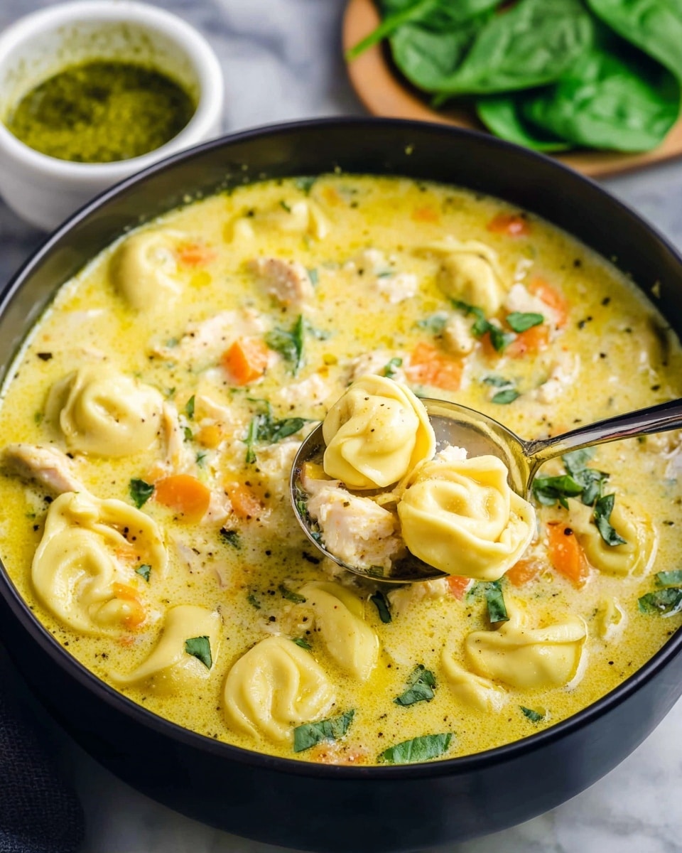 A black bowl filled with creamy yellow soup that has small folded pasta shapes and pieces of light brown chicken softly mixed with small orange and green vegetables and herbs. The soup's surface looks rich and smooth with a glossy shine. Next to the bowl, there is a small terracotta bowl of coarse green pesto and a white block of hard cheese with tiny holes, along with some fresh green basil leaves. On the right, several uncooked pasta pieces are placed near the bowl. The bowl sits on a soft grey cloth on a white marbled surface. Photo taken with an iphone --ar 4:5 --v 7