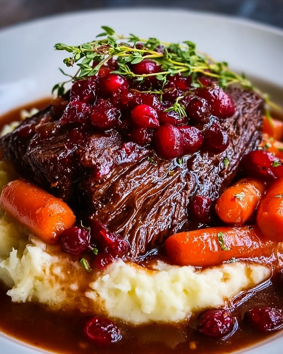 A white plate holds a rich beef dish with three main layers. The bottom layer is creamy mashed potatoes, white with a smooth, slightly lumpy texture, partially visible under the beef. On top of this is a thick, dark brown sauce that pools around the mashed potatoes and covers several whole cooked baby carrots, which are vibrant orange and soft-looking. The main layer is a large, thick chunk of braised beef with a dark, glossy surface and visible muscle fibers, topped with a glossy cranberry sauce made of whole red cranberries and a few sprigs of fresh green thyme. photo taken with an iphone --ar 4:5 --v 7