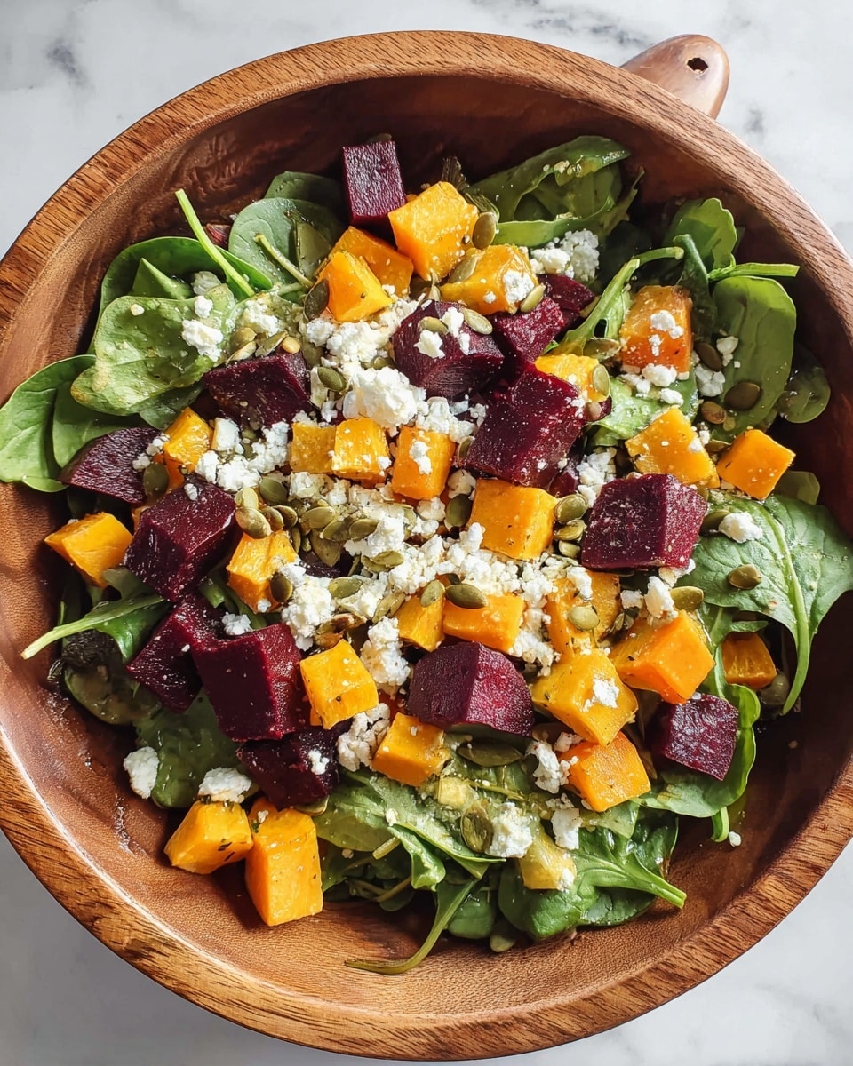 A wooden bowl filled with a fresh salad on a white marbled surface. The base layer is a mix of bright green baby spinach and arugula leaves, creating a leafy texture. On top of the greens, there are two types of cubed roasted vegetables: deep red-purple beets and bright orange butternut squash, evenly spread across the salad. Scattered over these cubes are small white crumbles of cheese and light green pumpkin seeds, adding contrast and texture. A light dressing with visible droplets glistens on the leaves and vegetables, enhancing the fresh look. photo taken with an iphone --ar 4:5 --v 7