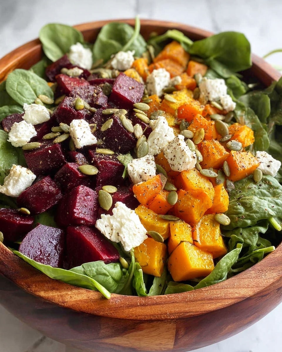 A wooden bowl filled with a fresh salad showing a base layer of bright green spinach leaves with a mix of arugula around the edges. On top, there are two sets of roasted diced vegetables: deep red beet cubes and bright orange butternut squash cubes, scattered evenly. Small dollops of white goat cheese and a sprinkle of light green pumpkin seeds are spread over the top. The salad looks fresh and lightly seasoned with black pepper and herbs. The photo is taken with a white marbled surface background. photo taken with an iphone --ar 4:5 --v 7