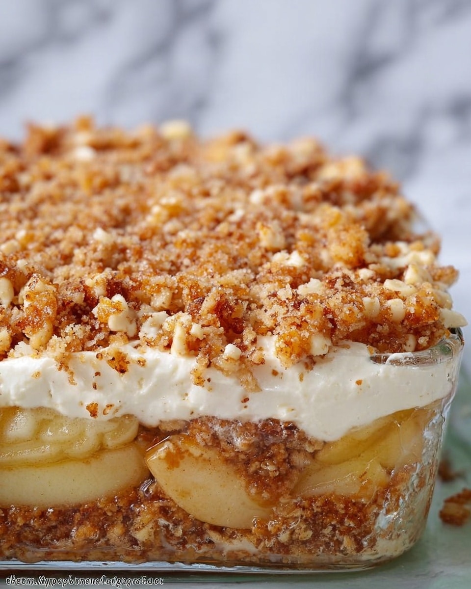 The image shows a close-up of a dessert with multiple layers in a clear glass dish. The bottom layer is a crumbly, golden crust with small chunks, topped by a thick, creamy white layer. Above this is a layer of soft apple pieces coated in a light, syrupy sauce, with visible cinnamon specks. The topmost layer is a crunchy, crumbly mixture with small nut pieces, covering the entire surface. The dessert looks moist and textured, with the layers distinctly visible. The background features a white marbled surface. Photo taken with an iphone --ar 4:5 --v 7