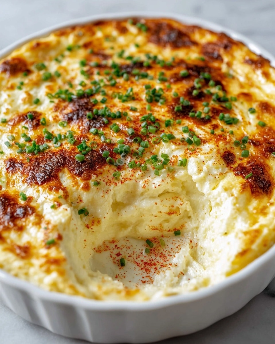 The image shows a round white ceramic dish filled with a creamy, soft baked cheese dip. The top layer is slightly golden brown from broiling and sprinkled with bright green chopped chives and a light dusting of reddish paprika. The center section has a large scoop taken out, revealing the airy, fluffy texture of the white cheese below the browned crust. The dish sits on a white marbled surface. photo taken with an iphone --ar 4:5 --v 7