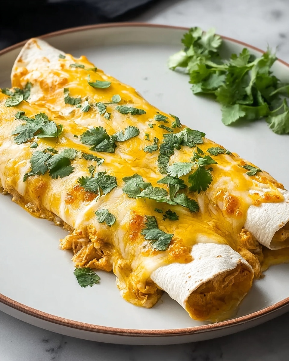 Two enchiladas rest side by side on a white plate with a thin brown rim, placed on a white marbled surface. Each enchilada is wrapped in a soft white tortilla, filled with a creamy, thick mixture that looks orange-yellow with bits of darker colors inside, possibly chicken and vegetables. The tops of the enchiladas are covered with a melted layer of yellow and white cheese, slightly gooey and stretchy. Fresh green cilantro leaves are scattered over the cheese, adding a bright pop of green color. A small pile of extra cilantro leaves is seen in the background. The plate placement and lighting give the dish a warm and inviting look. photo taken with an iphone --ar 4:5 --v 7