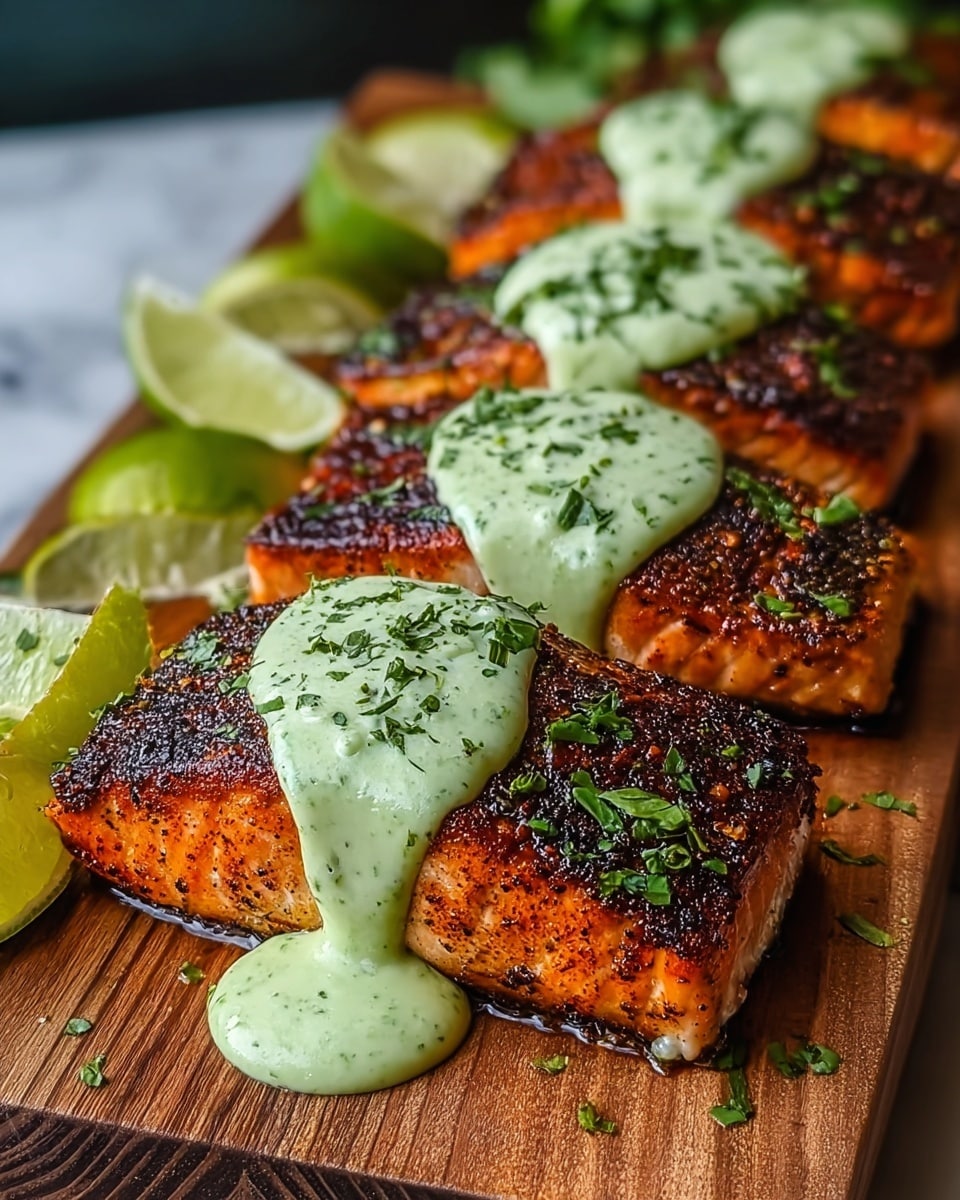 The image shows a close-up of five grilled salmon fillets arranged in a row on a wooden board, each piece with a crispy, dark brown, and slightly charred surface, sprinkled with fresh green herbs. On top of each fillet, there is a thick drizzle of creamy green sauce with a smooth texture, flowing down the sides. Alongside the salmon, lime wedges add a bright green contrast to the rich orange and brown tones of the fish. The background has a dark tone, helping the colors of the food stand out against a white marbled texture surface below. photo taken with an iphone --ar 4:5 --v 7