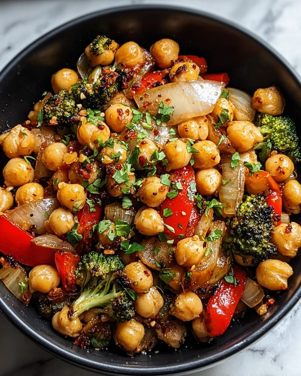 A close-up view of a black bowl filled with a colorful mix of cooked chickpeas, small broccoli florets, red bell pepper pieces, and translucent cooked onion slices. The chickpeas are golden and plump, mixed with charred bits of vegetables and fresh green herb leaves sprinkled on top. The cooked vegetables show different textures, with soft onions and slightly crispy broccoli and peppers, all coated in a glistening sauce with visible spices. The bowl sits on a white marbled surface. photo taken with an iphone --ar 4:5 --v 7