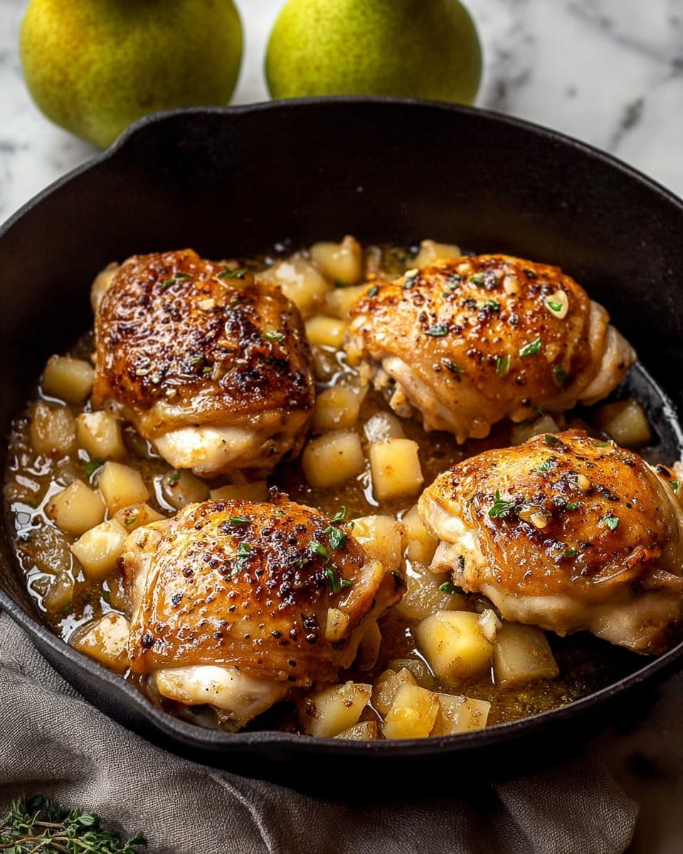 The image shows four golden-brown chicken thighs in a black cast iron skillet, each piece stuffed with small, light yellow cubes that appear to be fruit or vegetable, slightly caramelized and glistening with a light sauce. The chicken skin is crispy with dark specks of seasoning and small green herb pieces scattered over and around the thighs. The skillet sits on a soft textured gray cloth, and in the blurred background, two ripe pears add a hint of green and yellow color. The surface beneath the skillet is a white marbled texture. photo taken with an iphone --ar 4:5 --v 7