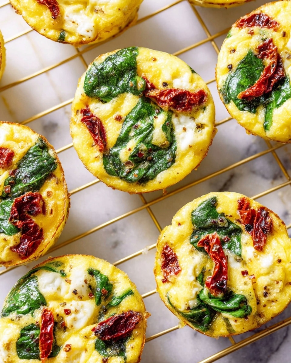 The image shows several small round egg muffins placed on a golden wire rack over a white marbled surface. Each muffin has a soft, slightly browned yellow base made of cooked eggs. Swirling through the egg base are bright green spinach leaves spread evenly on top. There are also deep red sun-dried tomato pieces scattered across the top of some muffins, creating a colorful contrast. The muffins are textured with visible bits of melted white cheese and brown seasoning specks inside the egg mixture. The muffins are closely arranged, filling the frame with their vibrant mix of yellow, green, red, and white colors. photo taken with an iphone --ar 4:5 --v 7