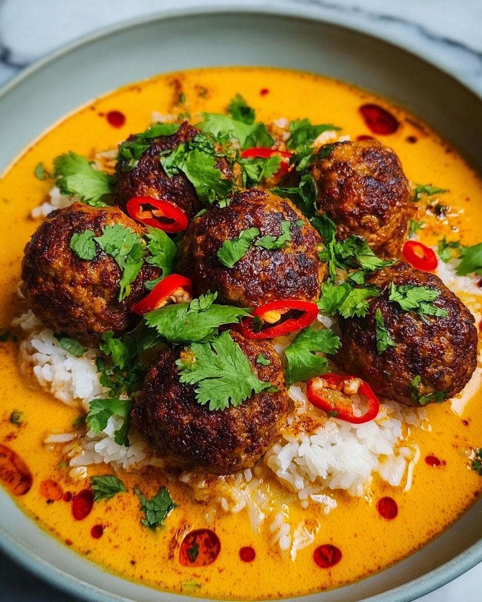 The image shows a dish with seven dark brown, crispy meatballs arranged on top of a bed of white rice. The rice lies near the center of a shallow white plate, surrounded by a thick, bright orange curry sauce that fills the edges of the plate. Fresh green cilantro leaves and thin red chili slices are sprinkled over the meatballs and rice, adding pops of color and texture. The sauce has small droplets of oil, contributing to the rich look. The overall presentation is vibrant and inviting, with the combination of white, orange, brown, green, and red colors on a white marbled surface. Photo taken with an iphone --ar 4:5 --v 7