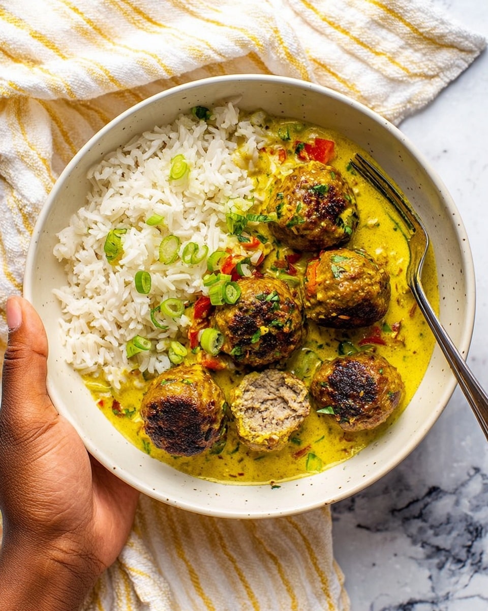 A white bowl filled with two main layers: on the left side, a generous portion of white rice with some light green garnish on top, and on the right side, six browned meatballs covered in bright yellow sauce with visible small green herbs and pieces of red vegetables mixed in; one meatball is cut open showing a textured grayish inside. The dish is garnished with chopped green onions scattered over the sauce and rice. A metal fork rests on the edge of the bowl. A woman's hand holds the bowl from the bottom right corner. The background features a white marbled texture with a folded white and yellow striped cloth nearby. Photo taken with an iphone --ar 4:5 --v 7