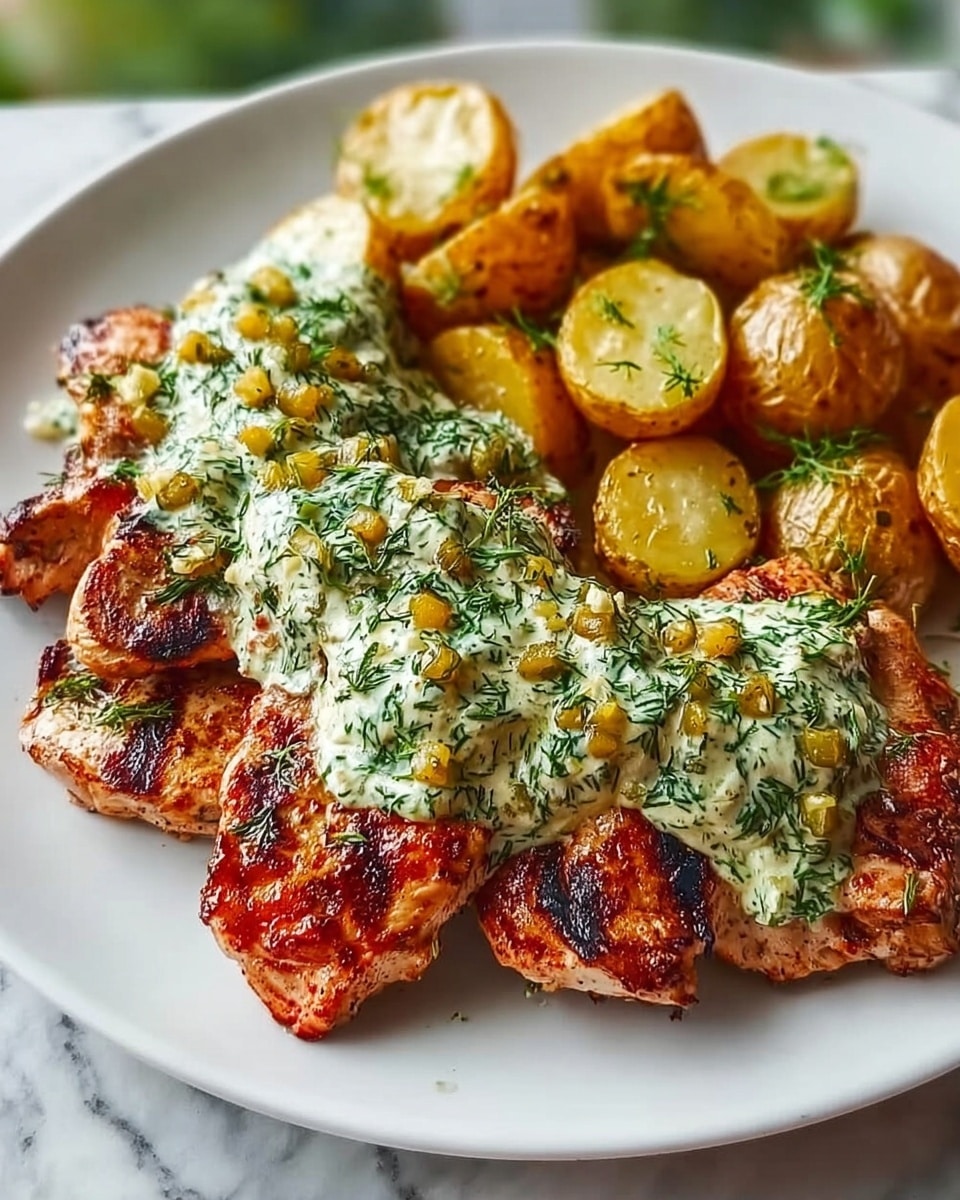 The image shows a white plate with three main layers: at the bottom are grilled chicken pieces with a slight char and a reddish-brown color; on top of the chicken is a creamy sauce with visible green herbs and small yellow bits, spread generously across each piece; and at the top and around the chicken are golden roasted potatoes, some halved showing soft, cooked inside with a crispy outside, all placed on a white marbled surface background. Photo taken with an iphone --ar 4:5 --v 7