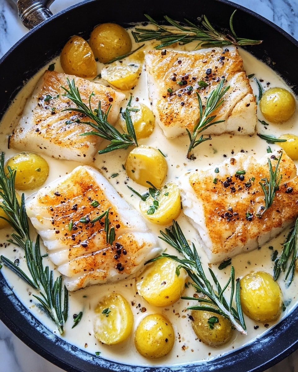 A pan filled with four pieces of golden-browned fish fillets, each topped with light grill marks and black pepper specks, resting in a creamy white sauce; around the fish are small yellow potato halves with some browned edges, scattered throughout the sauce; fresh green rosemary sprigs are placed both on top of the fish and among the potatoes, adding a touch of color contrast; the pan has a dark edge and sits on a white marbled texture; photo taken with an iphone --ar 4:5 --v 7