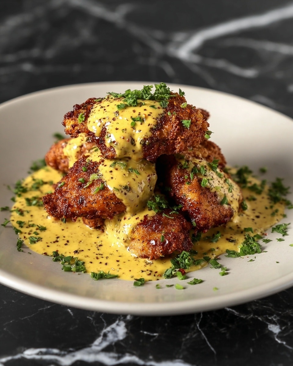 A dish of five browned, crispy fried chicken pieces stacked slightly on a round white plate, each piece covered with a thick, creamy yellow mustard sauce speckled with black pepper bits, garnished with fresh green chopped herbs scattered on and around the chicken, all placed on a white marbled surface. photo taken with an iphone --ar 4:5 --v 7