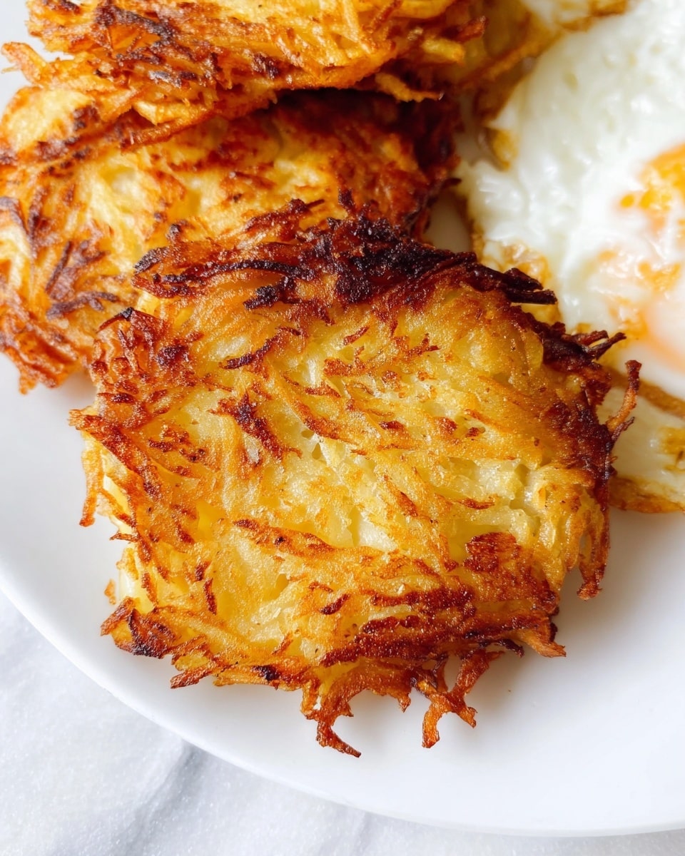 The image shows a close-up of a white plate with three crispy golden-brown potato pancakes stacked closely together on the left side. Their texture is rough and uneven with visible shredded potato strands, some edges are darker where they are more fried. On the right side of the plate, there is a fried egg with a mostly cooked white and slightly browned edges, its surface looking soft and slightly bubbly. The background is a white marbled surface. photo taken with an iphone --ar 4:5 --v 7