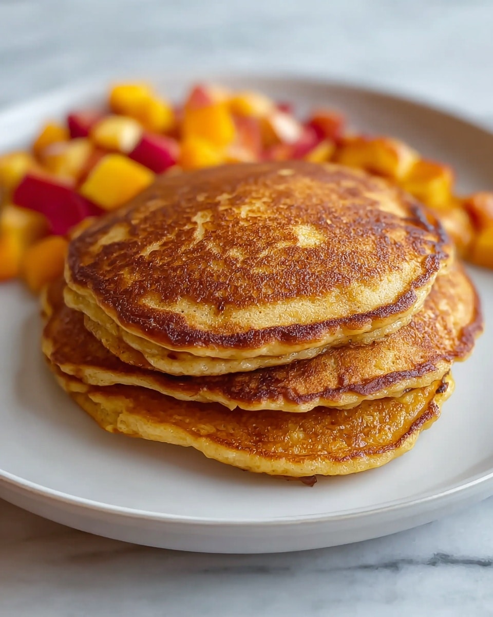 A stack of three thick, golden-brown pancakes with a slightly crispy and textured surface rests at the center of a white plate, showing subtle darker spots from cooking, each layer distinct with a fluffy, soft texture. Behind the pancakes, there is a small pile of diced fruit featuring bright red and yellow colors, adding contrast and freshness. The plate is set on a white marbled textured surface that enhances the warm hues of the pancakes and fruit. photo taken with an iphone --ar 4:5 --v 7