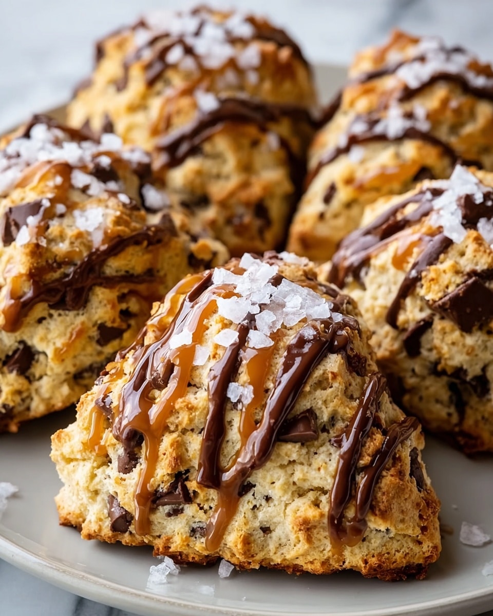 A close-up shot of several large, chunky scones with visible dark chocolate chips embedded throughout. Each scone has a rough, crumbly texture with a golden-brown color. On top, there are thick drizzles of dark chocolate and a creamy caramel-like sauce. Large flakes of coarse sea salt are scattered generously over the scones, adding a sparkling white contrast to the warm tones. The scones are arranged closely on a white plate, set on a white marbled surface. photo taken with an iphone --ar 4:5 --v 7