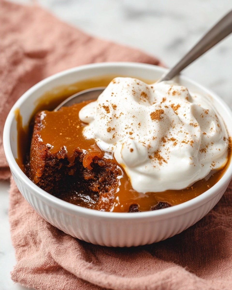 A small white bowl holds a warm dessert with two main layers: the bottom layer is a rich, dark brown, sticky cake covered in thick, shiny caramel sauce, while the top layer is a large dollop of fluffy white whipped cream sprinkled lightly with brown cinnamon powder. A silver spoon is partially inserted on the right side inside the bowl. The bowl rests on a soft pink cloth, all set on a white marbled surface. Photo taken with an iphone --ar 4:5 --v 7