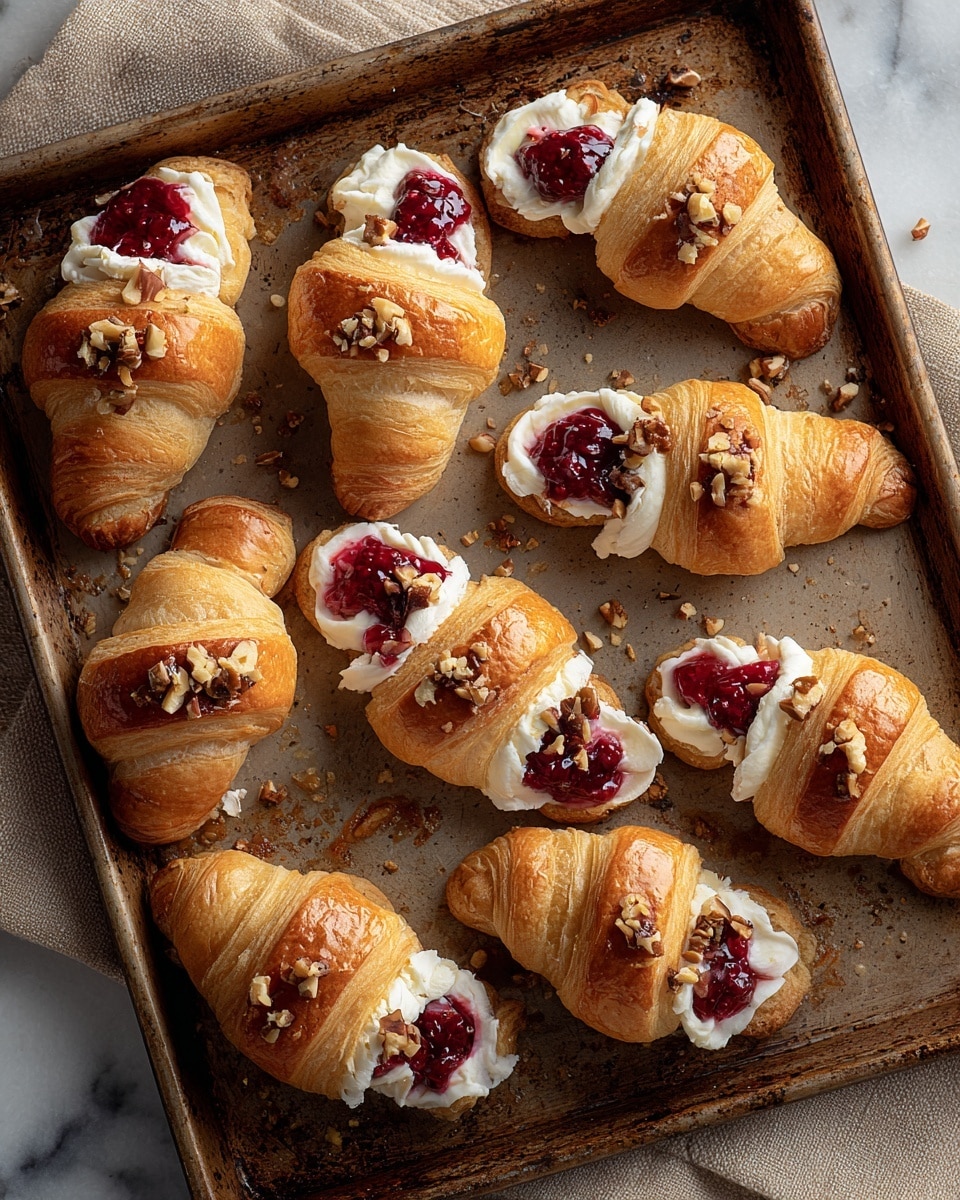 The image shows a baking tray filled with ten small croissants, each topped with a thick layer of white cream cheese, a dollop of deep red berry jam, and sprinkled with small chopped nut pieces. The croissants are golden brown with a shiny crust and a flaky texture that looks soft inside. The croissants are arranged in three rows, sitting on a weathered baking pan with some scattered nut crumbs around them. The background features a white marbled texture with a beige cloth partially under the tray. photo taken with an iphone --ar 4:5 --v 7
