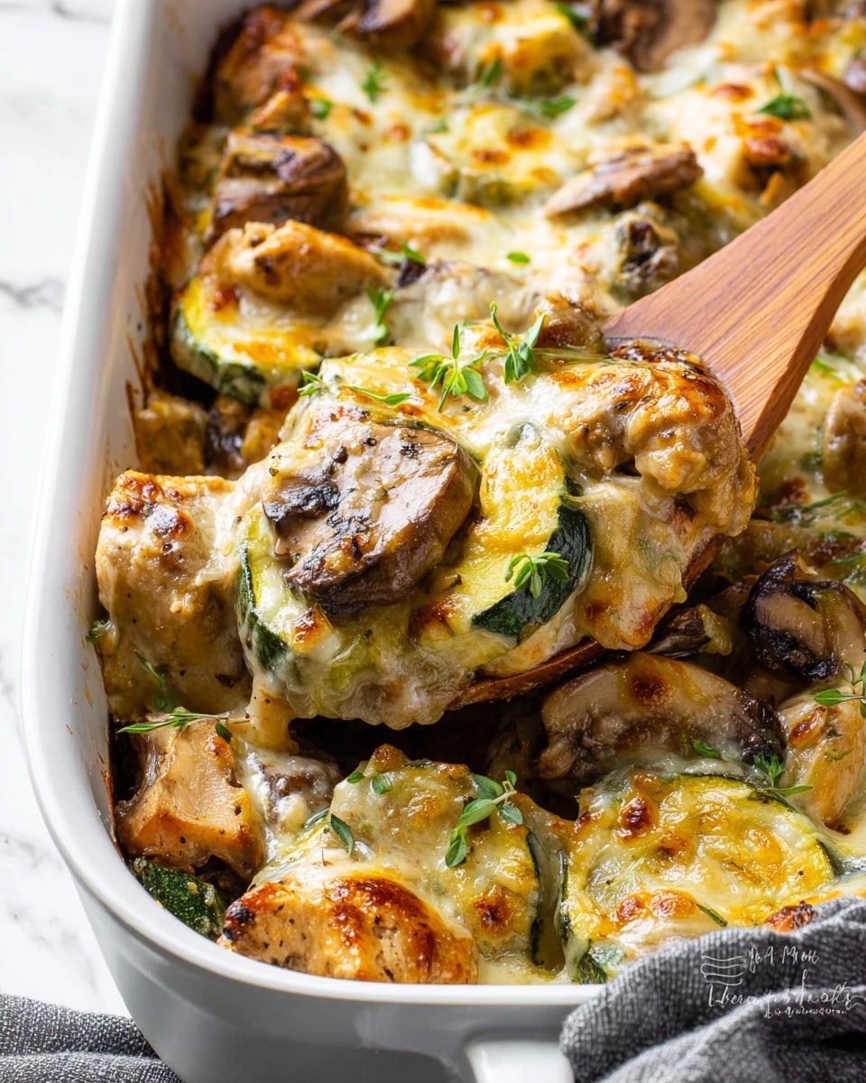 A white rectangular baking dish filled with a rich vegetable casserole, showing several layers of golden melted cheese with browned spots on top, mixed with slices of green zucchini and soft brown mushrooms visible underneath. The cheese layer is bubbly and slightly crispy at the edges, sprinkled with small bright green parsley flakes for garnish. The vegetables beneath look tender and slightly cooked through, blending with a creamy sauce. The dish rests on a white marbled surface with fresh green zucchini and chopped herbs nearby, adding freshness to the scene. Photo taken with an iphone --ar 4:5 --v 7