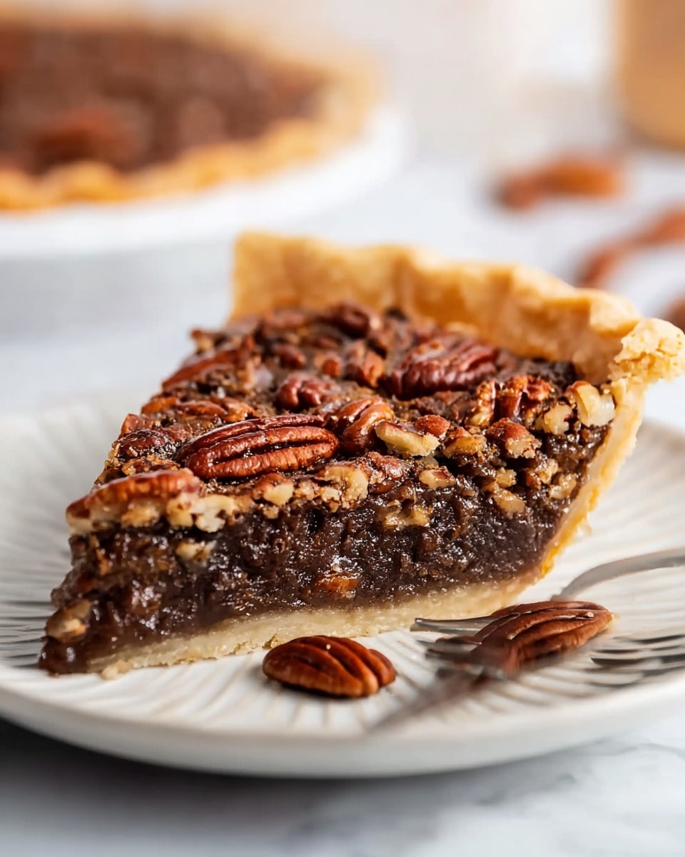 A single slice of pecan pie is placed on a white plate with a subtle ridged edge. The bottom layer is a light, golden-brown flaky pie crust that holds a thick, dark brown, rich filling with a moist and slightly gooey texture. On top, there is a dense layer of whole and halved glossy pecans evenly spread, their warm brown color contrasting with the dark filling. A few pecans have fallen onto the plate near a metal fork positioned at the front, resting beside the slice. The background is a softly blurred white marbled surface, adding a clean, bright feel to the image. Photo taken with an iphone --ar 4:5 --v 7