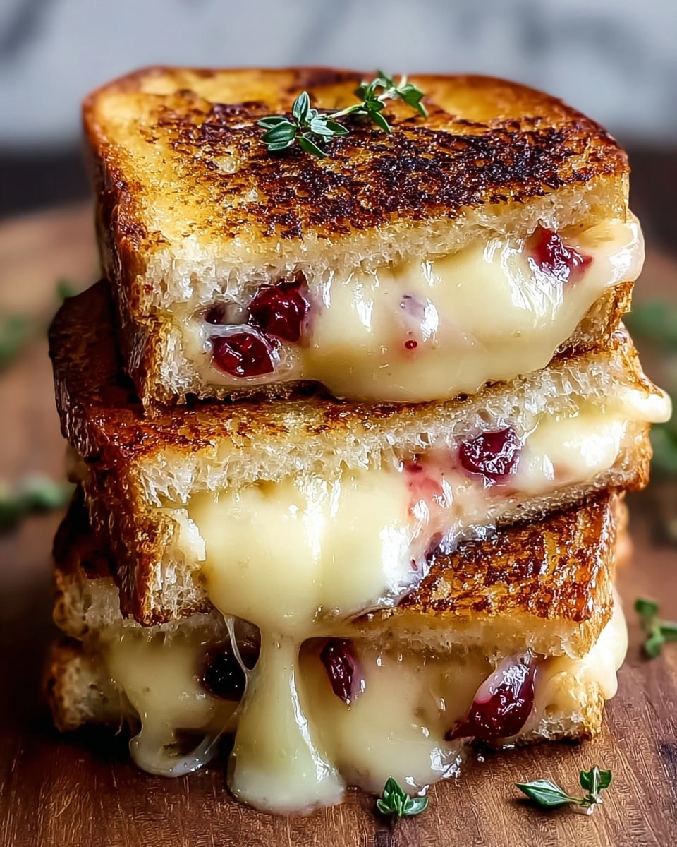 A close-up view of a triple-layer grilled cheese sandwich stacked on a wooden surface, showing three slices of golden-browned toasted bread with melted cheese oozing between each layer, mixed with small bits of red fruit or jam. The toasted bread has a crispy texture with some charred patterns, and small green herb leaves are placed on top and between layers for garnish. The melted cheese is creamy and smooth, slightly dripping at the edges, with visible red spots inside. The background features a blurred white marbled texture. photo taken with an iphone --ar 4:5 --v 7