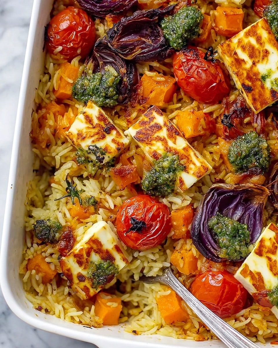 A close-up view of a white rectangular baking dish filled with a colorful mix of layers: the base layer is light yellow cooked rice grains, topped with bright orange roasted butternut squash cubes, deep red whole roasted cherry tomatoes, and caramelized purple onion wedges. Scattered on top are golden-browned, grilled square pieces of halloumi cheese with dollops of green pesto sauce adding vibrant contrast. The dish shows slight browning around the edges, and a silver spoon rests inside the corner on a white marbled surface. Photo taken with an iphone --ar 4:5 --v 7
