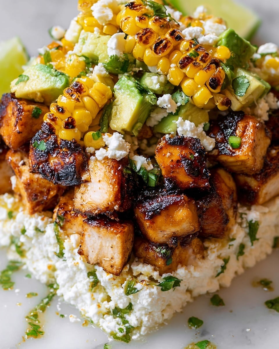 The dish shows three main layers on a white marbled surface: at the bottom, there is a layer of white crumbly cheese spread unevenly with some green herb bits scattered. The middle layer consists of grilled chicken pieces, golden brown with dark grill marks, cut into cubes and placed closely together. The top layer features grilled corn sections, slightly charred with a mix of yellow and black patches, accompanied by pale green chunks of avocado mixed with small herb pieces. A wedge of light green lime is partially visible on the side. photo taken with an iphone --ar 4:5 --v 7