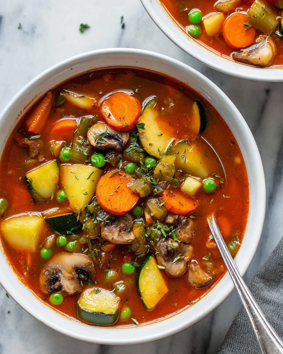A close-up of a white bowl filled with chunky vegetable stew showing about three layers: a thick reddish-orange tomato base with herbs, pieces of yellow potatoes and orange carrot slices, bright green peas and green beans scattered on top, and slices of brown mushrooms placed near the center, all mixed evenly with bits of translucent onion and small green herbs sprinkled throughout, resting on a white marbled surface. photo taken with an iphone --ar 4:5 --v 7