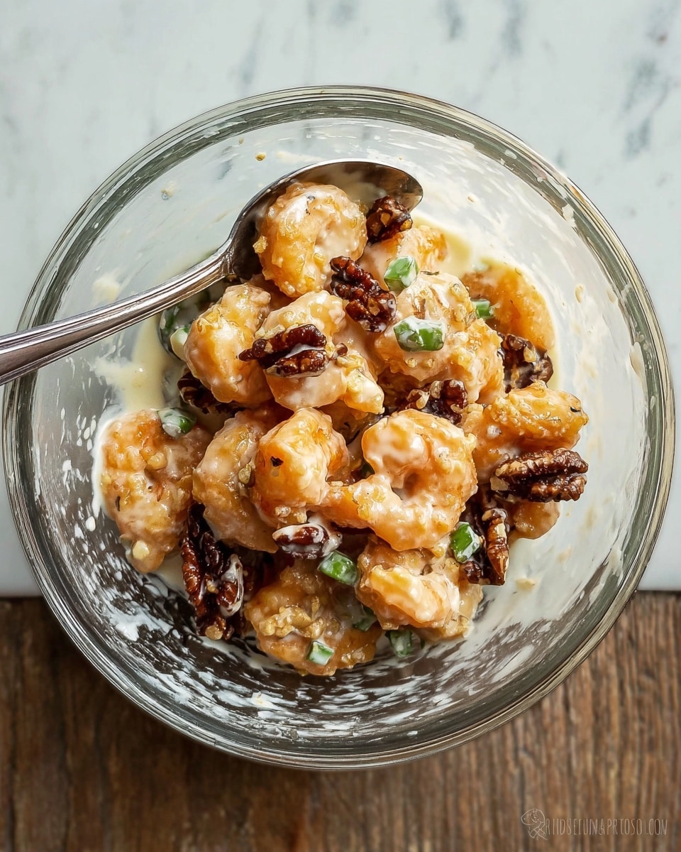 A clear glass bowl contains a mix of light golden fried shrimp coated in a creamy white sauce, scattered with dark brown glazed walnuts and small pieces of green onion. The shrimp are arranged in a loose pile with a shiny, slightly wet texture from the sauce, which also coats some of the walnuts, adding contrast. Two metal spoons rest in the bowl, one partially under the shrimp, with some sauce residue visible on the inside of the bowl sides. The setting has a white marbled texture underneath the bowl. photo taken with an iphone --ar 4:5 --v 7