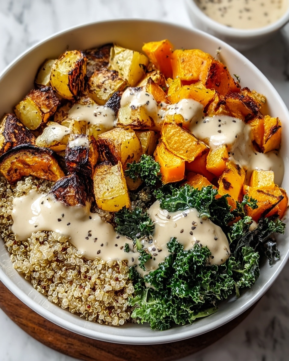 A white bowl sits on a white marbled surface, filled with four main layers. The base layer is light beige quinoa with visible grains. On one side, there is a small section of dark green, curly kale leaves. Next to it are golden roasted potatoes with light brown grill marks, cut into bite-sized chunks. Beside the potatoes, there are brightly orange roasted squash cubes with some charred edges. A creamy sauce with a pale off-white color and small black seeds is drizzled over the roasted vegetables and quinoa, creating smooth, flowing lines across the dish. Photo taken with an iphone --ar 4:5 --v 7