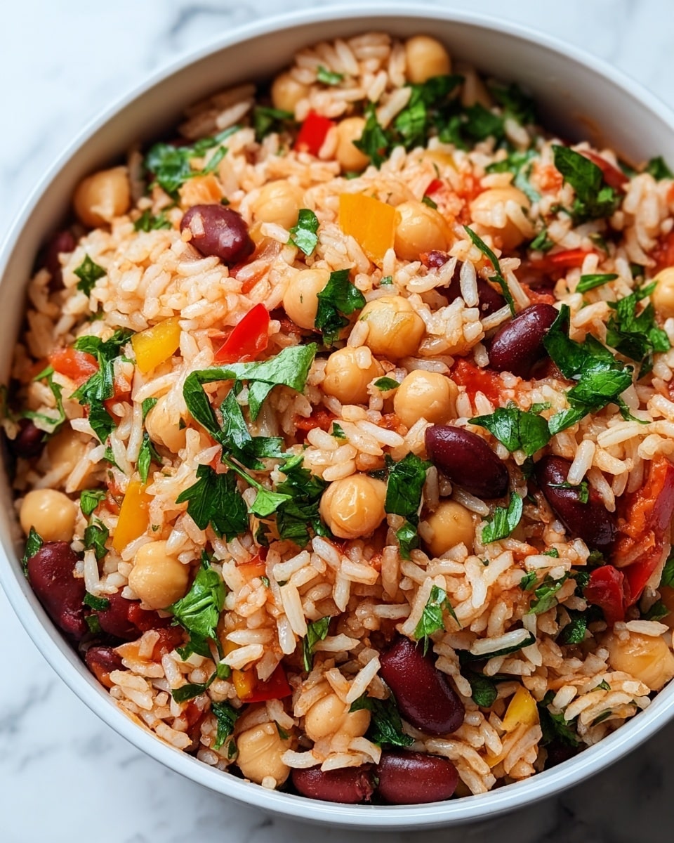 A close-up view of a bowl filled with a colorful mix of cooked white rice, chickpeas, red kidney beans, chopped red and yellow bell peppers, and fresh green parsley leaves scattered throughout. The rice looks fluffy and lightly seasoned with a reddish tint, while the beans and vegetables add contrast with their round and chunkier shapes. The bowl is white and sits on a white marbled surface, creating a clean and bright look. photo taken with an iphone --ar 4:5 --v 7