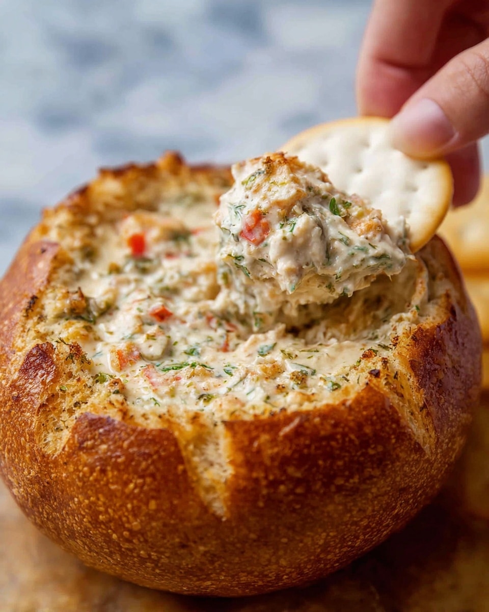 A round bread bowl with a golden, crusty edge filled with a creamy, chunky dip that has bits of green herbs, small orange pieces, and white creamy texture spread thick inside the hollow center. A woman's hand holding a round, pale golden cracker is dipping into the bread bowl's filling. The background has a white marbled texture. photo taken with an iphone --ar 4:5 --v 7