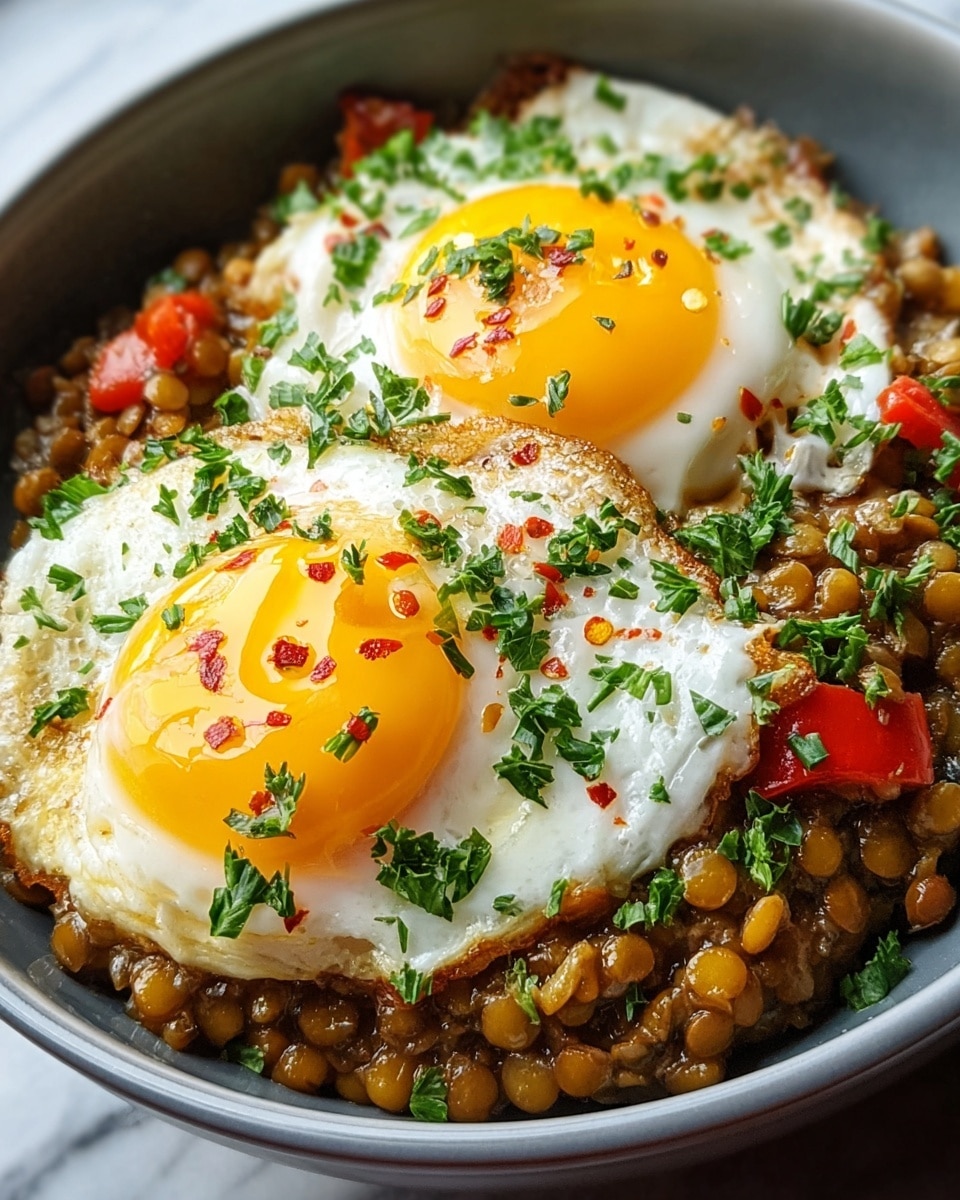 A close-up of a grey bowl filled with three layers: the bottom layer is cooked lentils with small pieces of red bell pepper mixed in, showing a soft and slightly saucy texture; on top are two bright yellow fried eggs with shiny, smooth yolks and slightly crispy white edges; both eggs are sprinkled with chopped green herbs and a few red chili flakes, adding a fresh and spicy look. The bowl sits on a white marbled texture. Photo taken with an iphone --ar 4:5 --v 7
