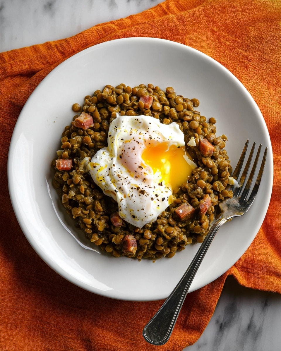 A white plate holds a dish with a thick layer of greenish-brown lentils mixed with small pieces of reddish-brown bacon, filling most of the plate. On top of the lentils, in the center, sits a soft poached egg with a bright yellow yolk partly broken and slightly spilling out, surrounded by white egg whites speckled with black pepper. A silver fork rests diagonally on the edge of the plate. The plate is placed on an orange cloth, which lies on a white marbled surface. photo taken with an iphone --ar 4:5 --v 7